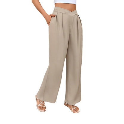 Leisure Trousers Solid Color Cross Waist Commuter Straight Trousers